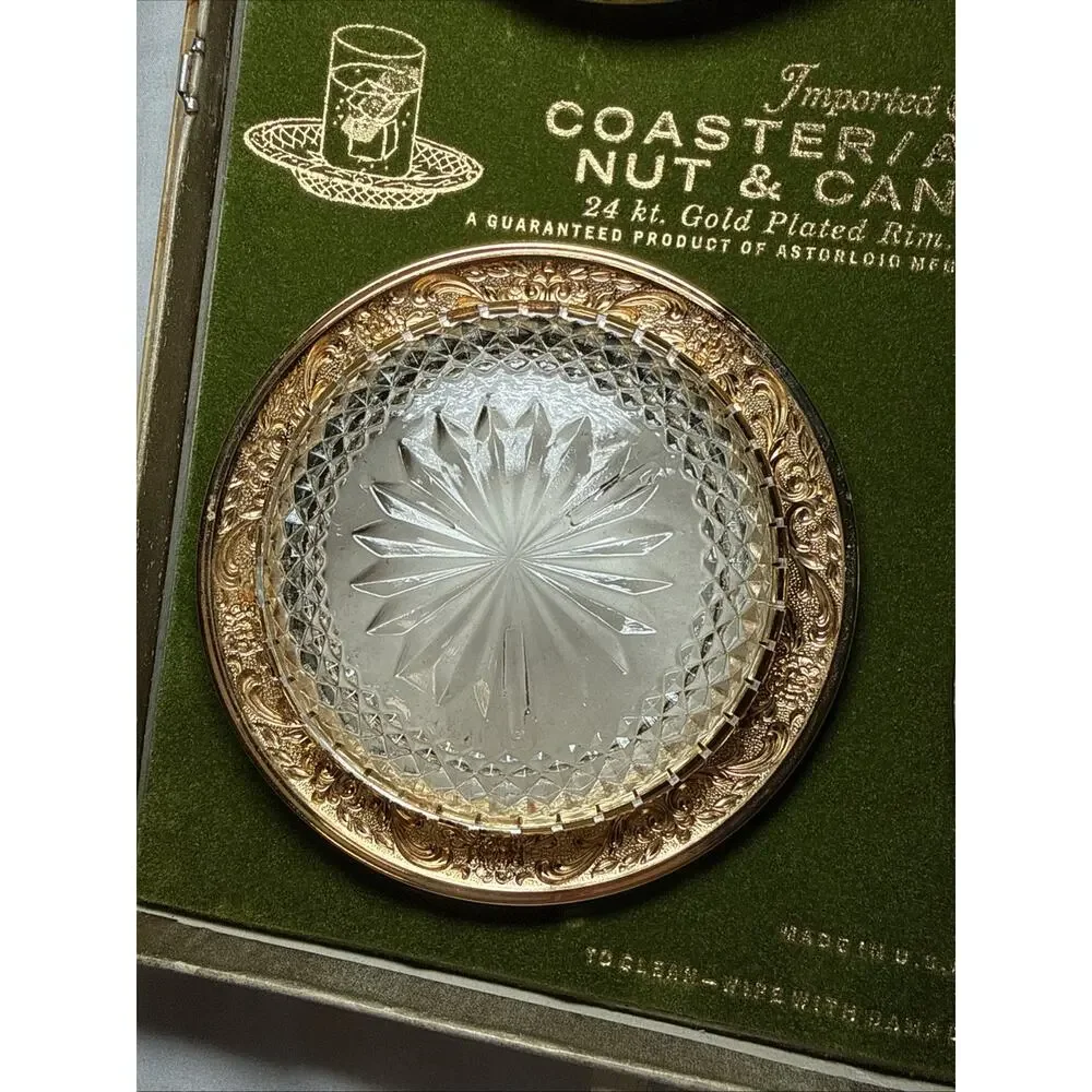 VTG Astorloid 24K Gold Plated Crystal Coasters Ashtrays Nut Dishes 4.5